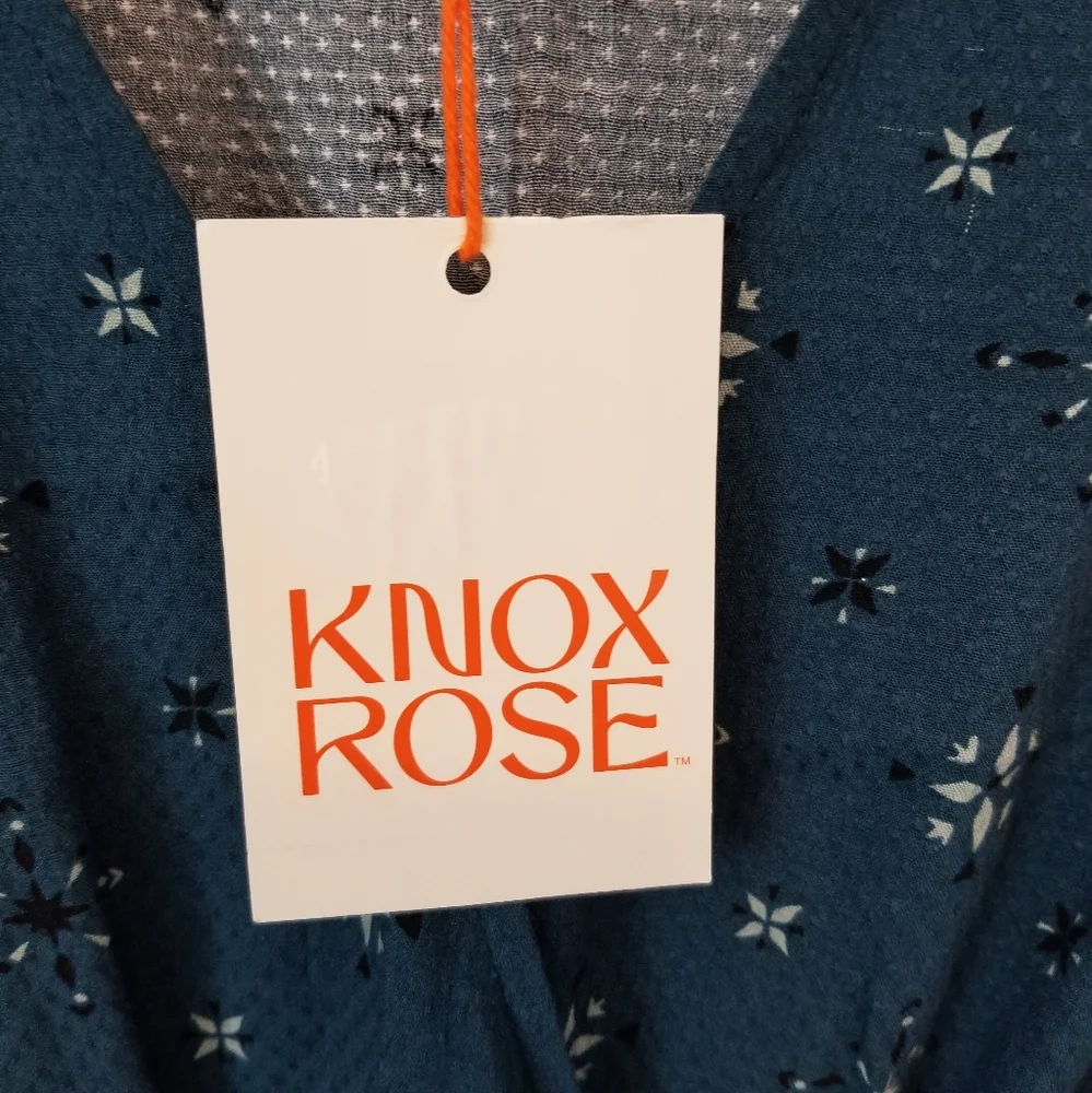 Teal Stamp Print Flutter Long Sleeve Faux Wrap Dress - Knox Rose - Picture 5 of 8